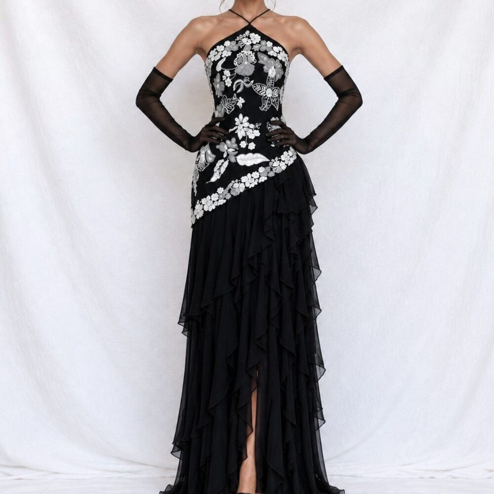 Vintage Black White Silk Floral Beaded Ruffle Fit Flared Maxi Prom Dress Size S